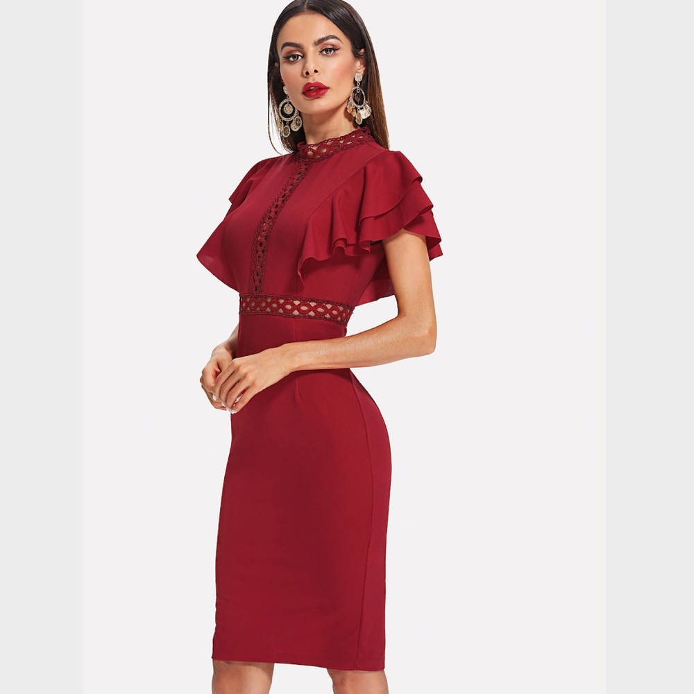 Burgundy Eyelet Lace Flounce Sleeve Bodycon Dress - Picture 2 of 6